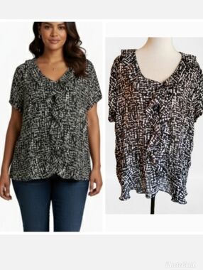 Women's plus size black and white short sleeve ruffle blouse plus size 1X
